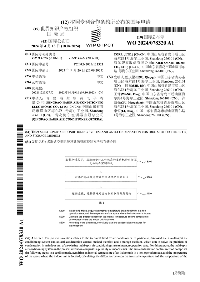 海尔智家公布国际专利申请：“多联式空调系统及其防凝露控制方法和存储介质”